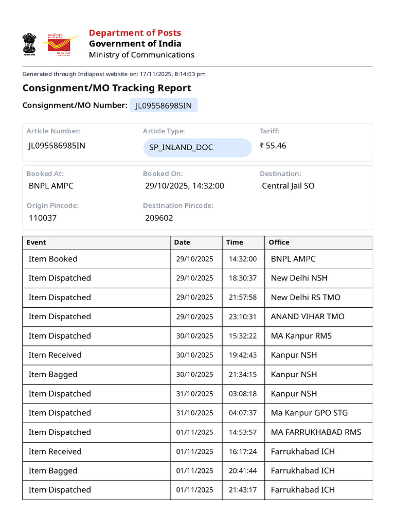 India Post Consignment Tracking Report | PDF