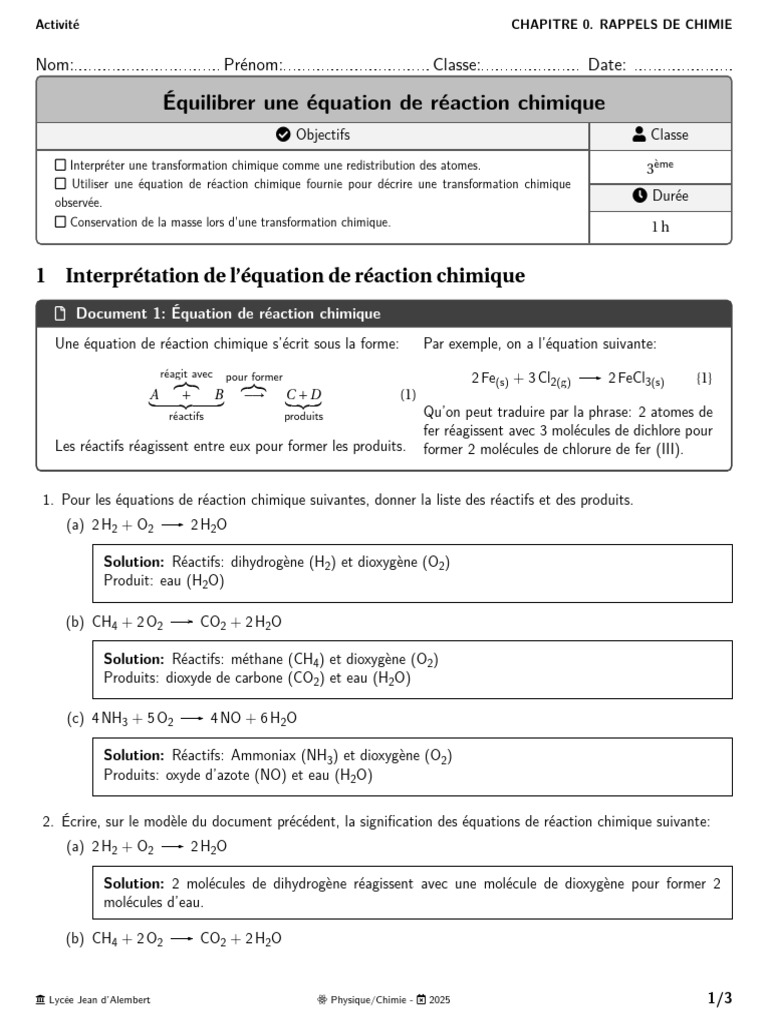 Équilibrage des Équations Chimiques | PDF | Molécules | Chimie