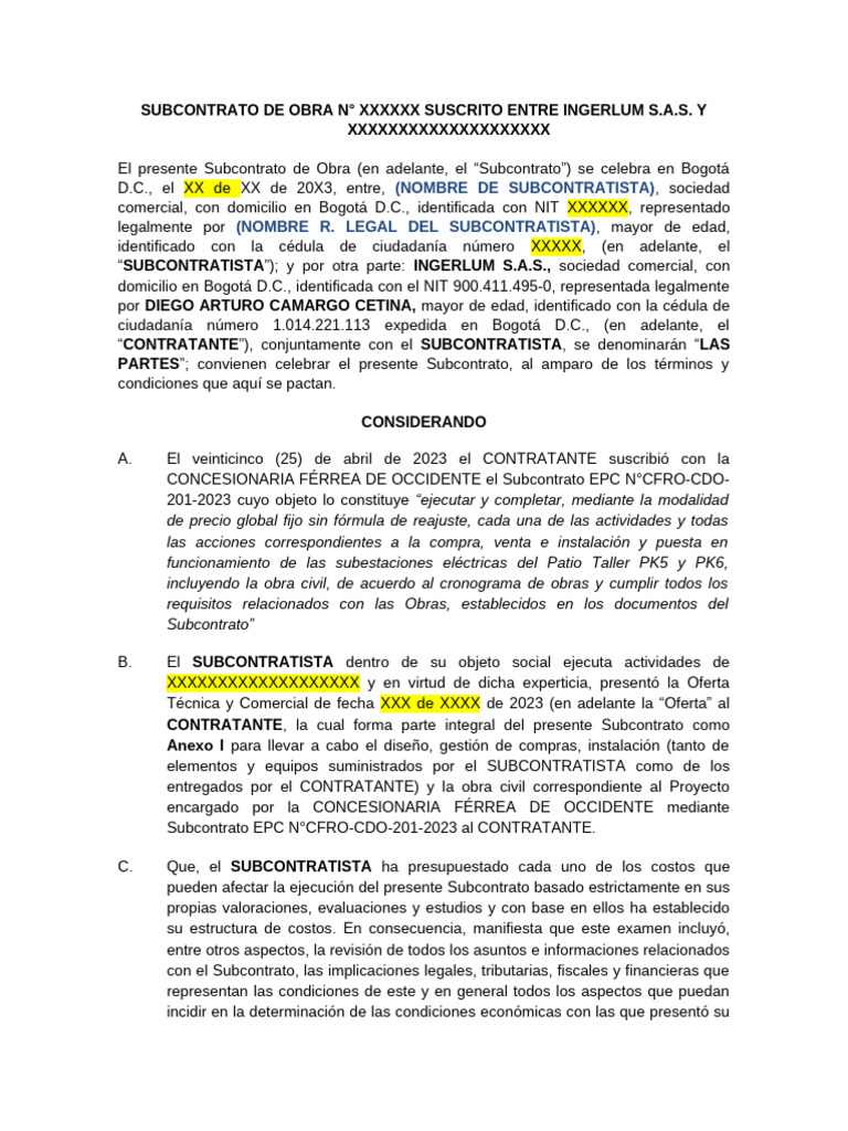 Subcontrato de Obra entre Ingerlum S.A.S. y Subcontratista | PDF ...