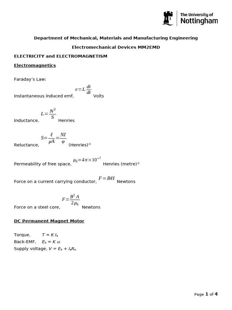 Electromechanical Device Formulas Guide | PDF | Electrical Impedance ...
