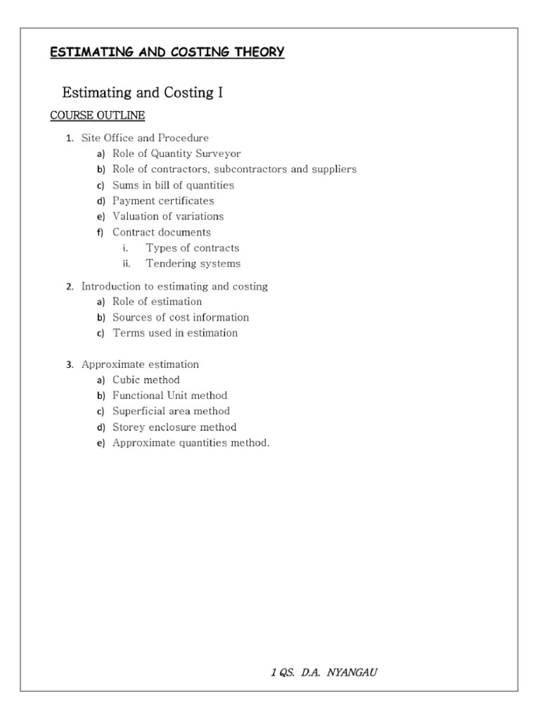 Estimating And Costing I Notes 1 Pdf