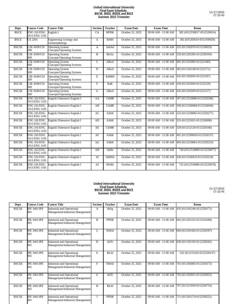 UIU Summer 2025 Final Exam Schedule | PDF | Ordinary Differential ...