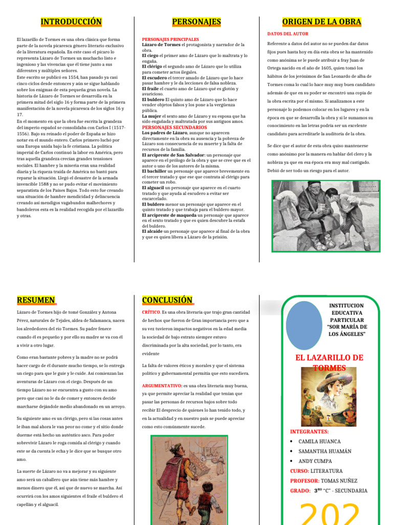 Triptico Obra Lazarillo de Tormes | PDF