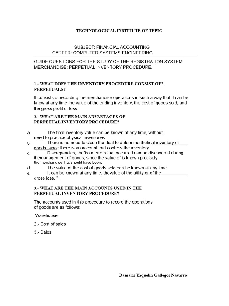 Questionnaire Proc. Perpetual Inventories | PDF | Cost Of Goods Sold ...