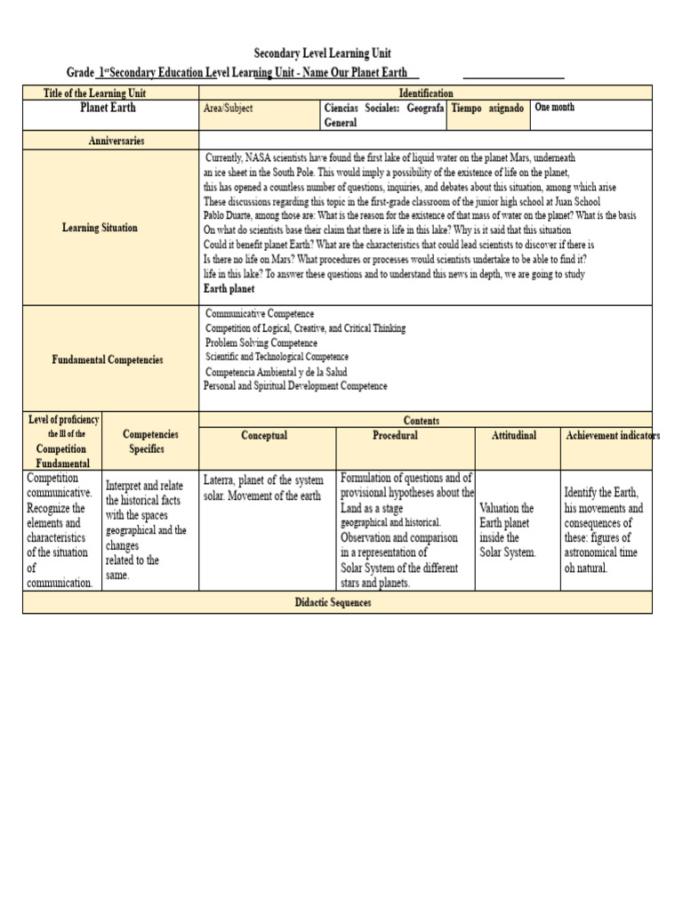 Grade 1 Learning Unit: Our Planet Earth | PDF | Critical Thinking | Planets