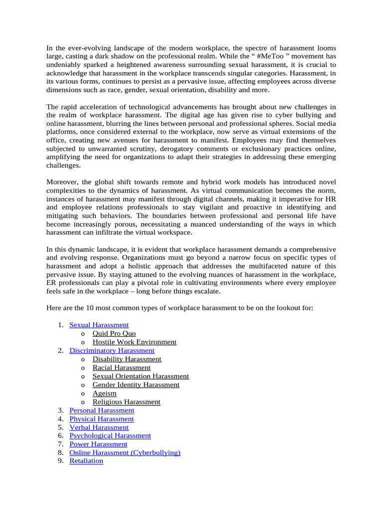 Workplace Harassment: Types & Solutions | PDF | Sexual Harassment ...