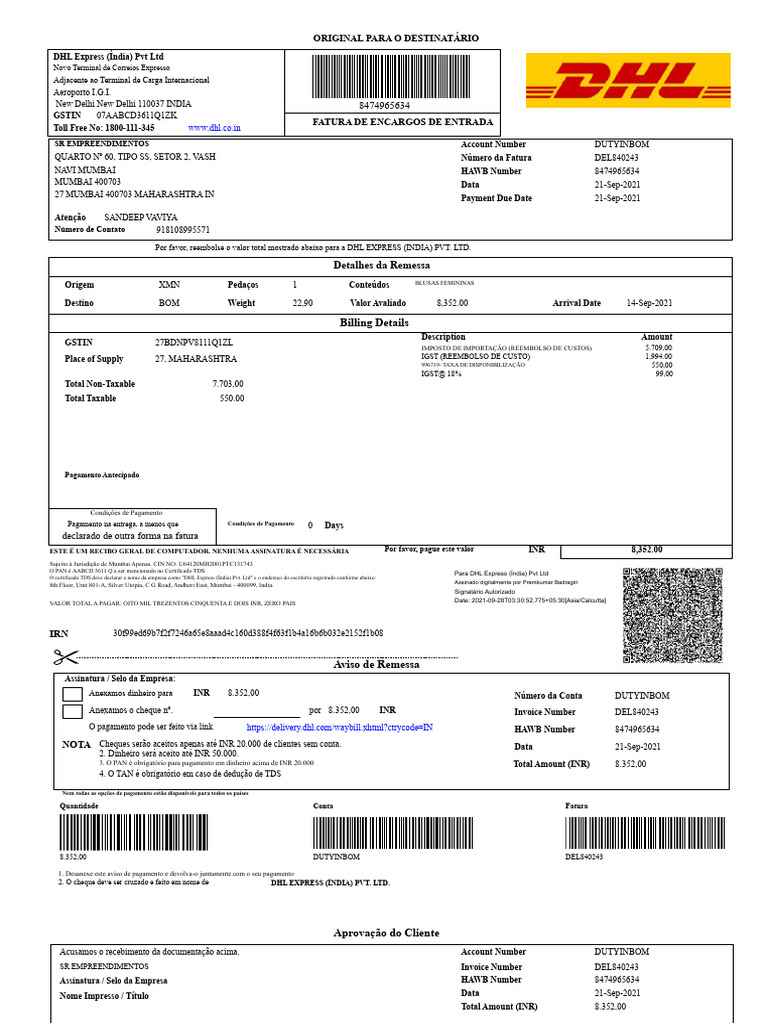 Fatura DHL Express Índia: Detalhes e Pagamento | PDF