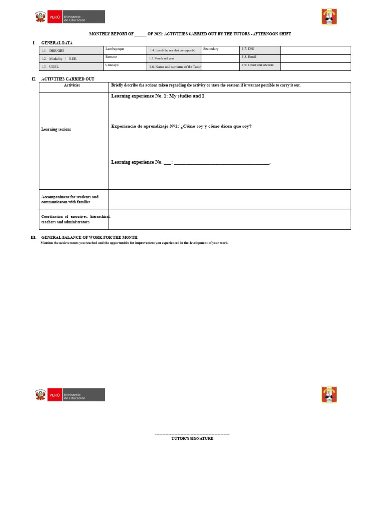 Monthly Tutoring Report Format | PDF