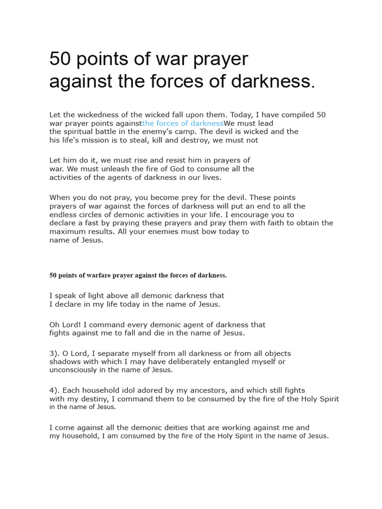 50 Warfare Prayers Against Darkness | PDF | Prayer | Spiritual Warfare
