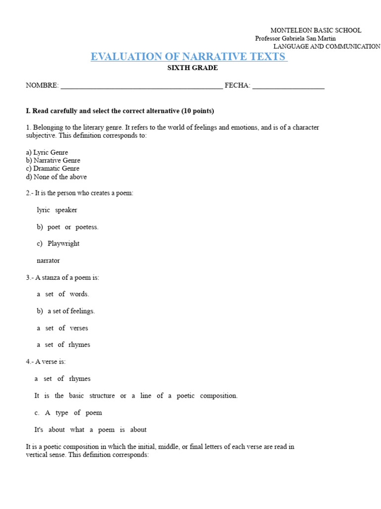 EVALUATION Poems Sixth | PDF | Poetry | Genre