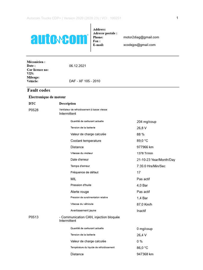 Codes d'erreur DAF XF 105 2010 | PDF | Frein | Technologie des véhicules