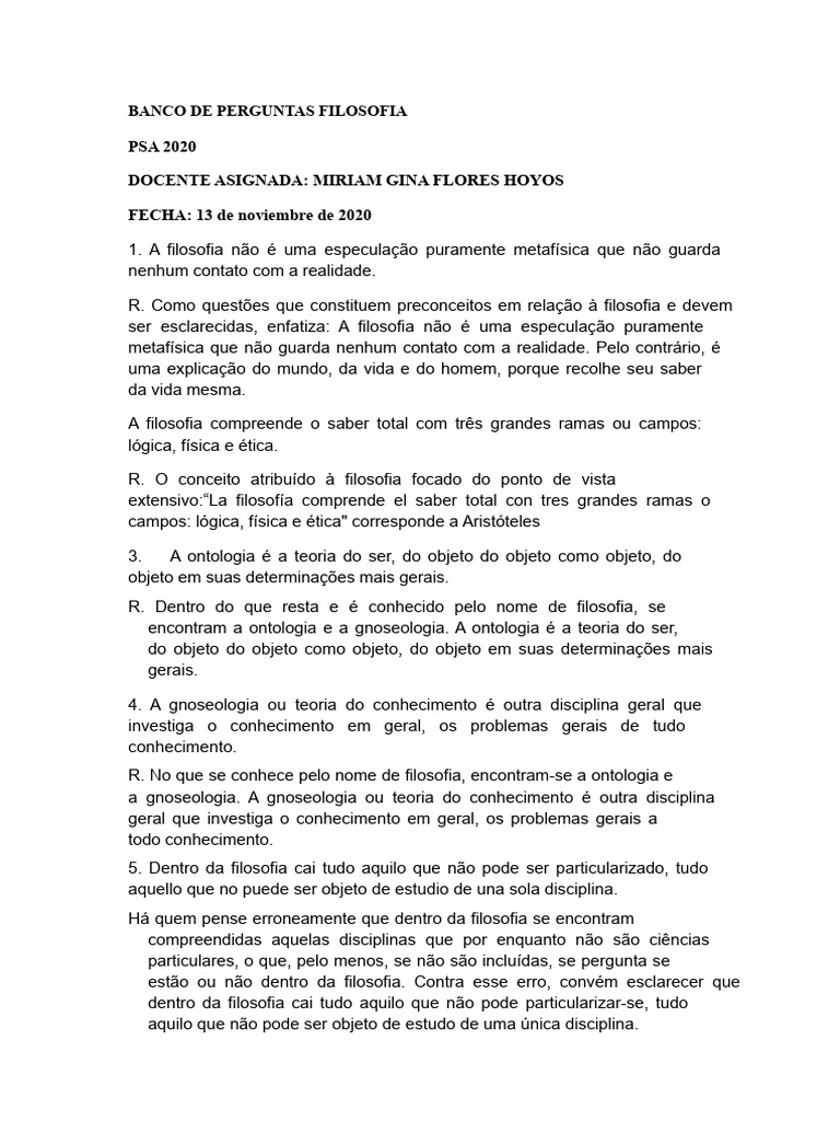 Psa 50 Perguntas e Respostas Filosofia 1 PDF | PDF | Metafísica | Ontologia