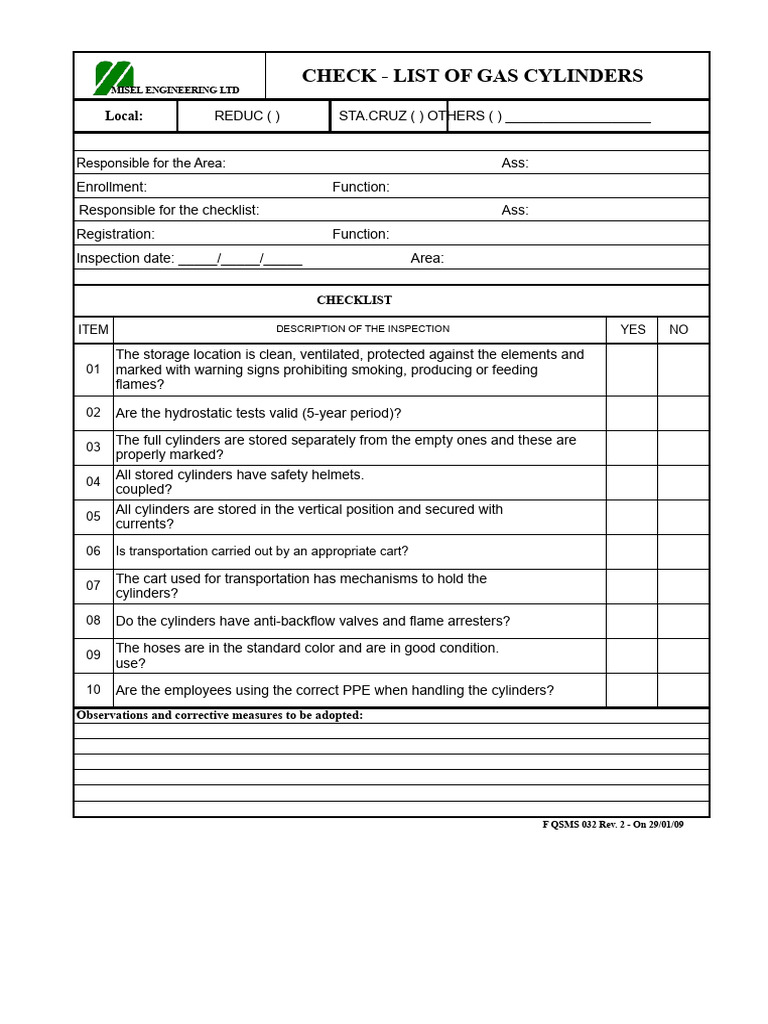 F QSMS 032 Rev 2 - Gas Cylinder Check List | PDF