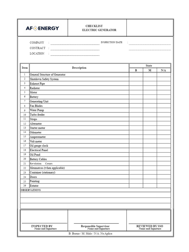 Electric Generator Checklist | PDF