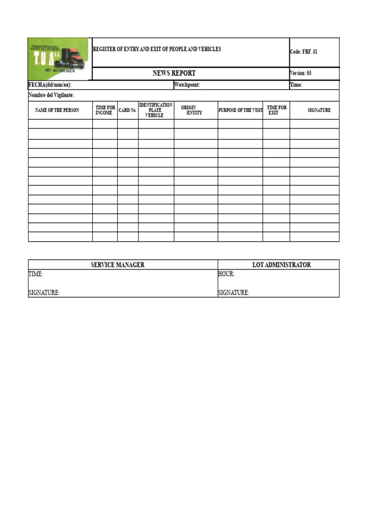 Format For Registration of Entry and Exit of People and Vehicles | PDF