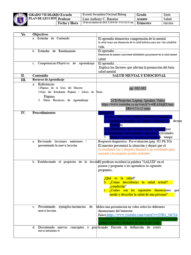 Lección de Salud Mental para Grado VII | PDF | Salud mental | Conceptos ...
