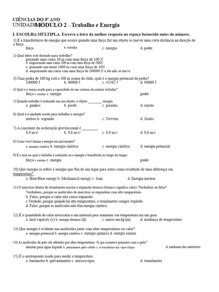 QUIZ DE CIÊNCIAS DO 8º ANO: Potência, Trabalho e Energia | PDF ...