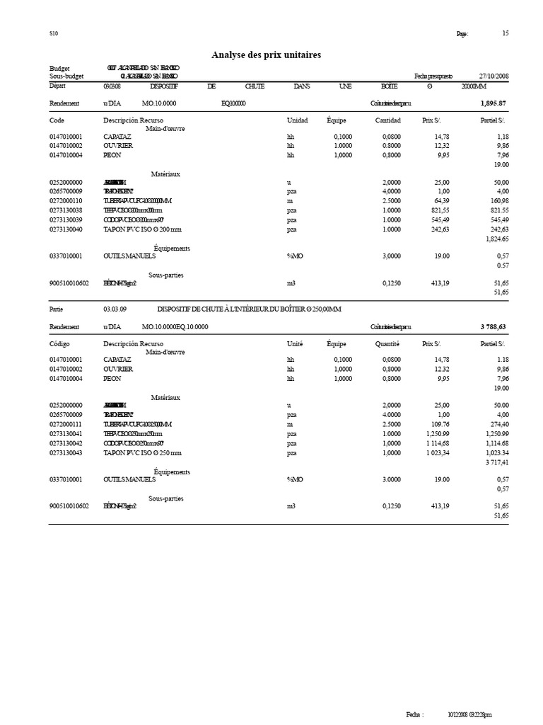Analyse des prix unitaires ALCANTARILLADO | PDF