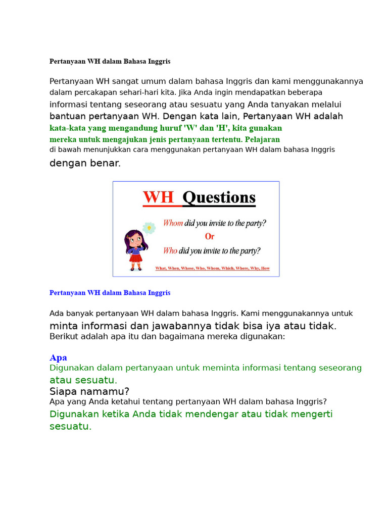 Panduan Lengkap Pertanyaan WH Bahasa Inggris | PDF