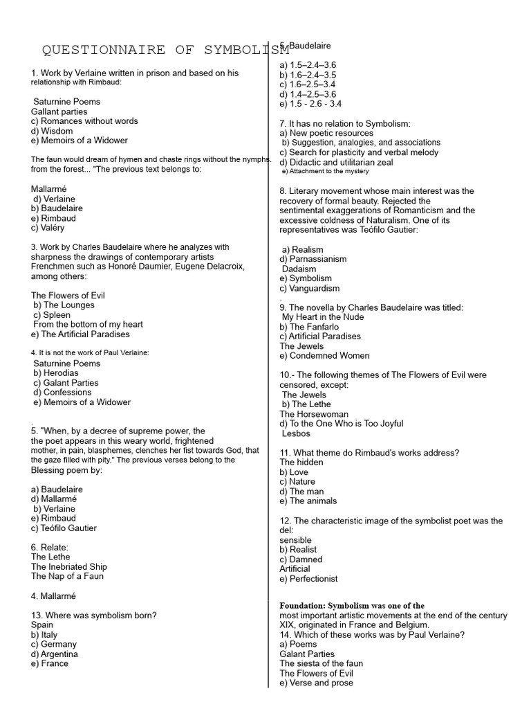 Symbolism Questionnaire and Answers | PDF | Charles Baudelaire | Arthur ...