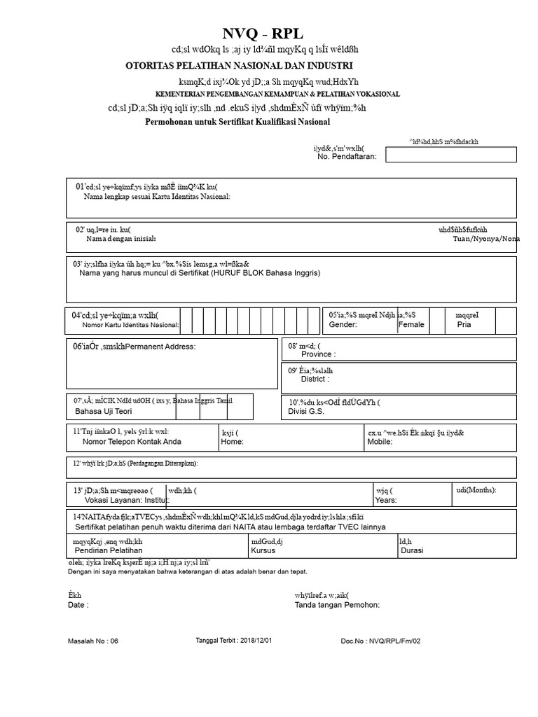 Permohonan Sertifikat NVQ RPL | PDF