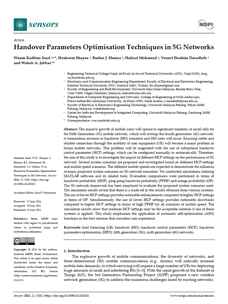 Handover Parameters Optimisation Techniques In 5g Pdf Performance