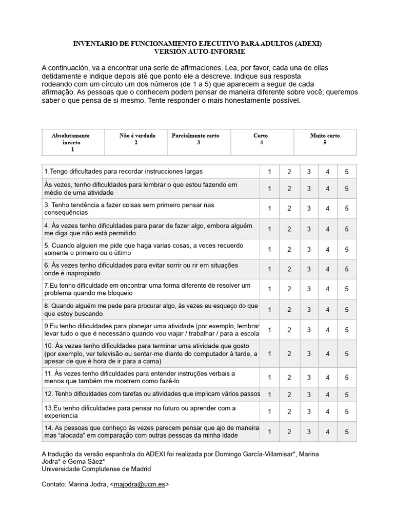 Inventário ADEXI: Autoavaliação Executiva | PDF | Transtorno de déficit ...
