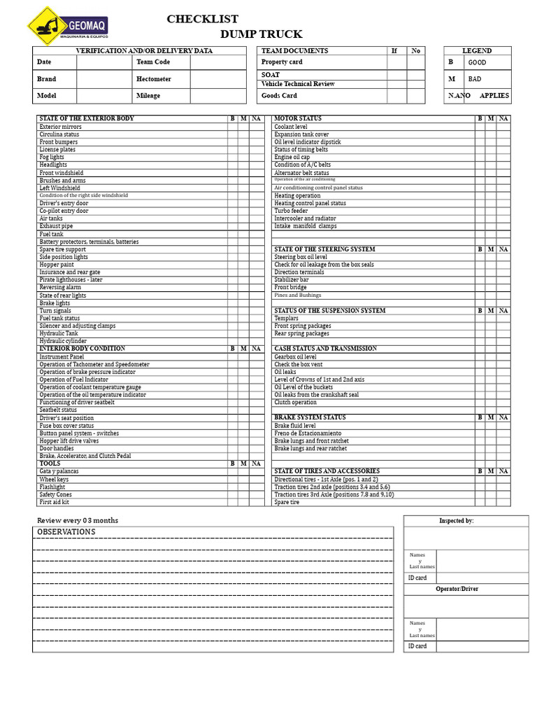 Check List - Dump Truck | PDF | Truck | Brake