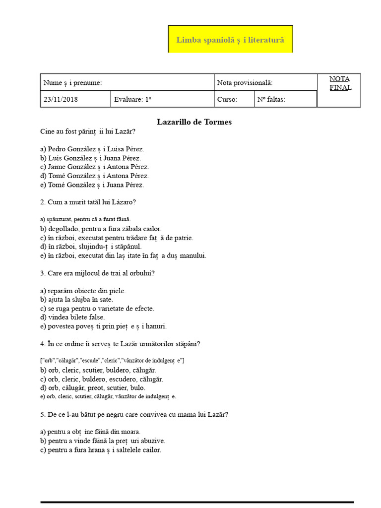 Examen Lazarillo de Tormes | PDF