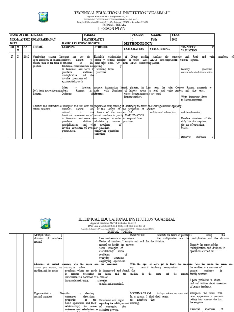 MATH CLASS PLAN 5th GRADE - 2020 | PDF | Mathematics | Median