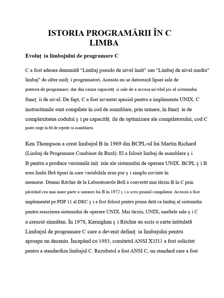 Istoria Limbajului de Programare C | PDF