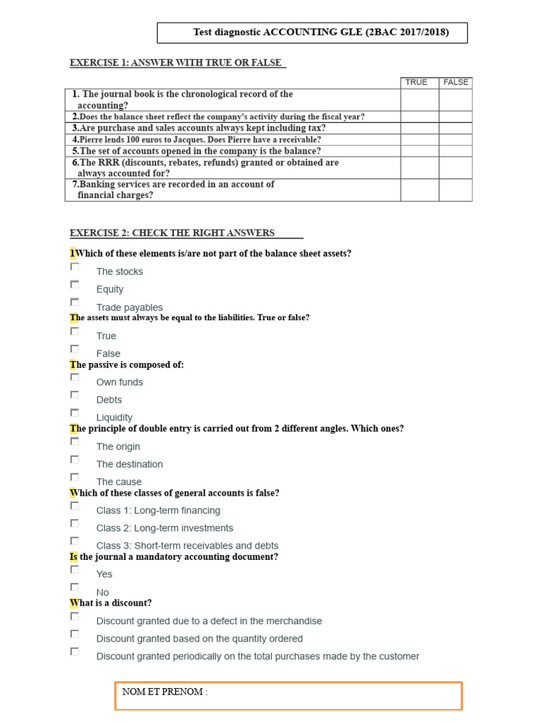 Accounting Diagnostic Test 2 Bac | PDF