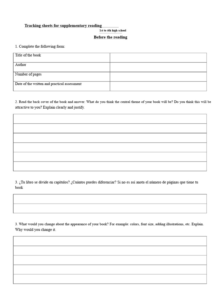 Reading Follow-Up Sheets For 1st To 4th Year of High School | PDF ...
