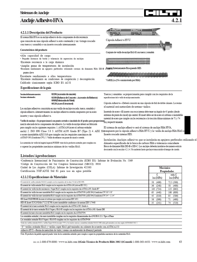 Anclaje Adhesivo HVA de Hilti | PDF | Arandela (Hardware) | Ingeniería ...