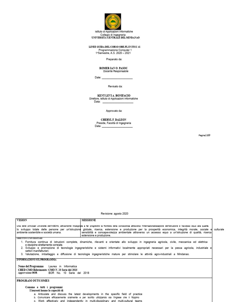 Sillabo - ITCC41 - Programmazione Computer 1 | PDF
