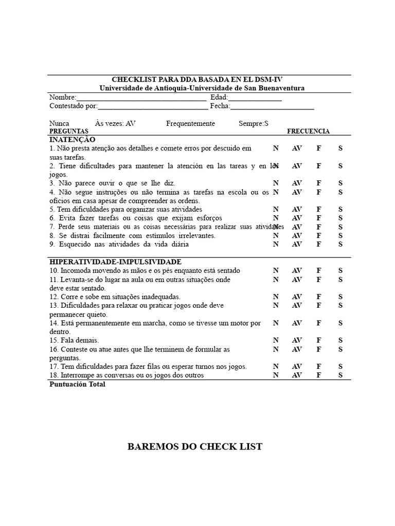 Checklist DDA DSM-IV: Avaliação Rápida | PDF | Transtorno de déficit de ...