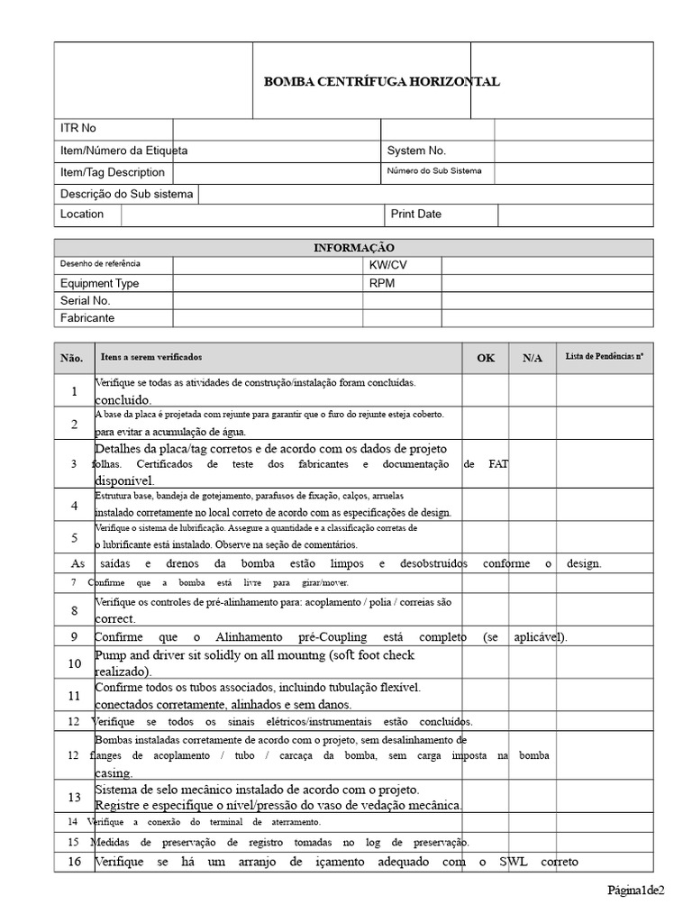 Checklist de Instalação de Bomba Centrífuga | PDF | Bomba
