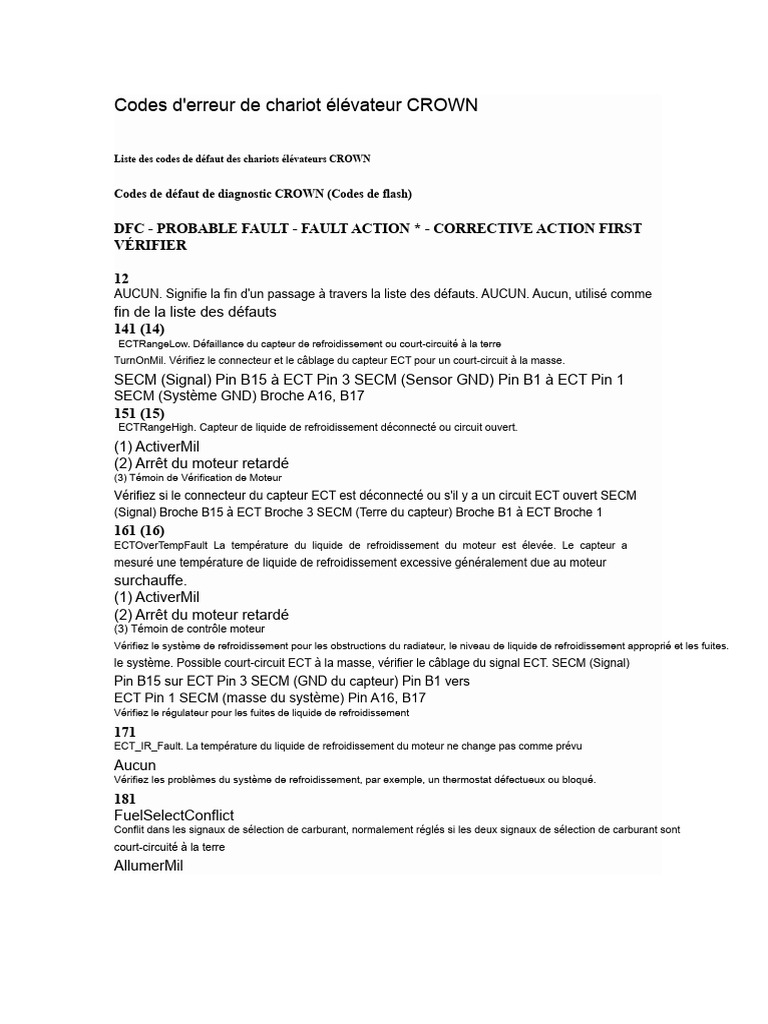 Codes D'erreur Des Chariots Élévateurs CROWN | PDF | Ingénierie ...