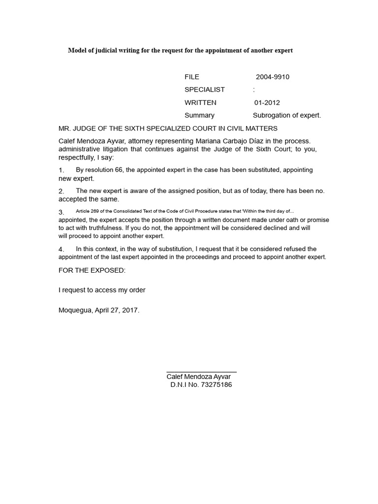 Model of Judicial Writing For The Request For The Appointment of ...