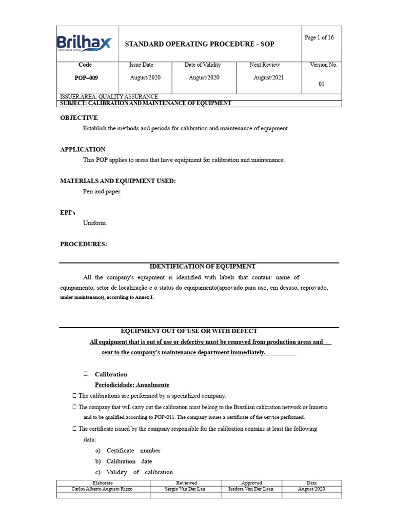 Equipment Calibration SOP Guide | PDF | Calibration | Metrology
