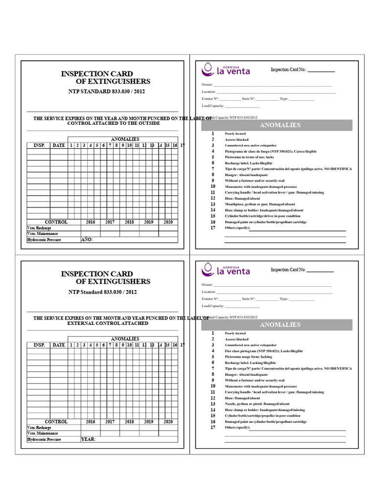Extinguisher Inspection Card Template | PDF | Equipment | Firearms