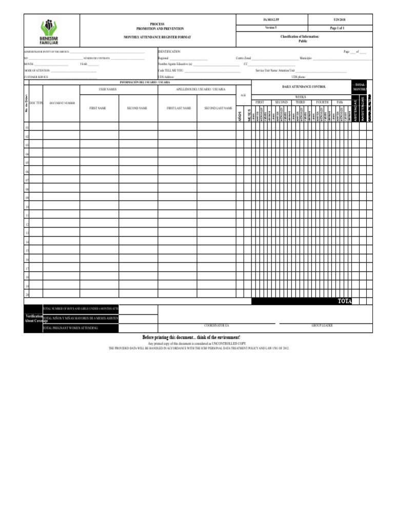 Monthly Attendance Register Format | PDF | Computing