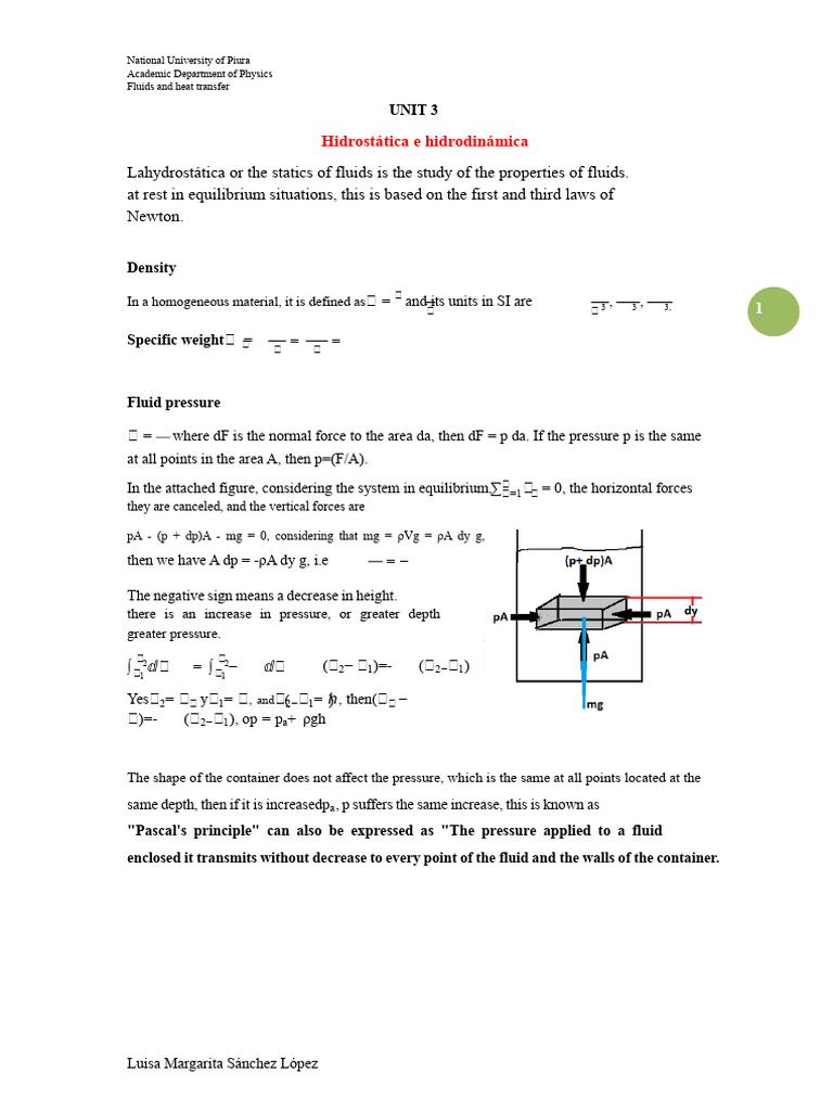 Unit 3 - Hydrostatics and Hydrodynamics | PDF | Pressure | Fluid Dynamics