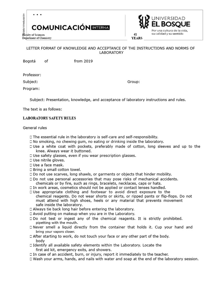 Letter Format For Knowledge and Acceptance of Laboratory Instructions ...