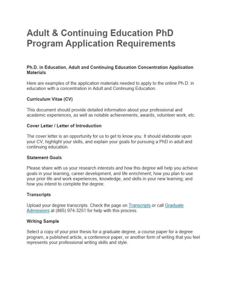 PhD Application Requirements for Adult Education | PDF