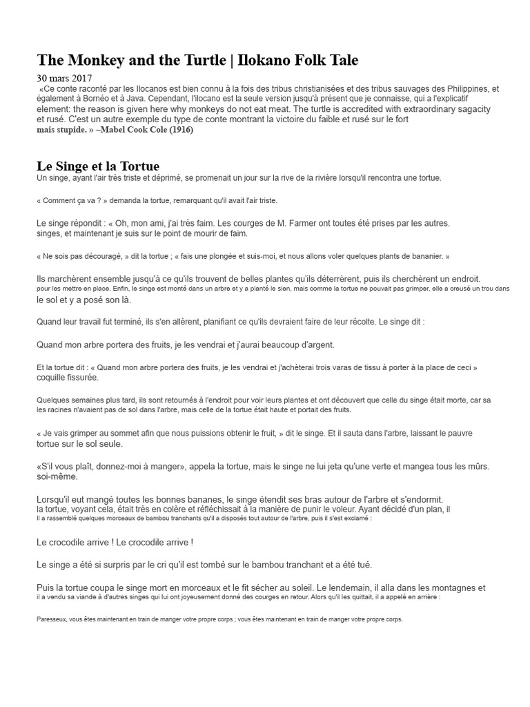 Conte Ilocano : Le Singe et la Tortue | PDF | Banane