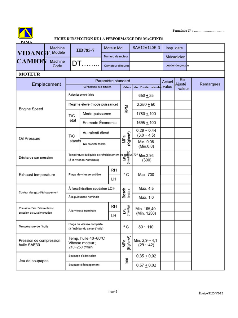 Fiche d'Inspection Performance Machine HD785-7 | PDF