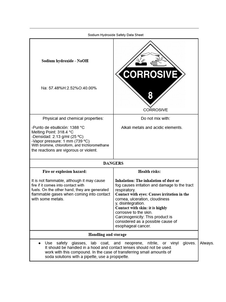 Safety Data Sheet For NaOH | PDF | Sodium Hydroxide | Sodium