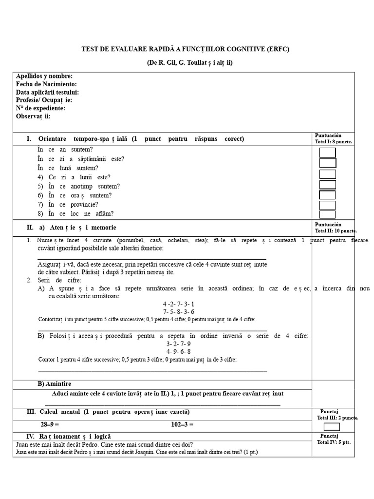 Test de Evaluare Rapidă A Funcțiilor Cognitive | PDF