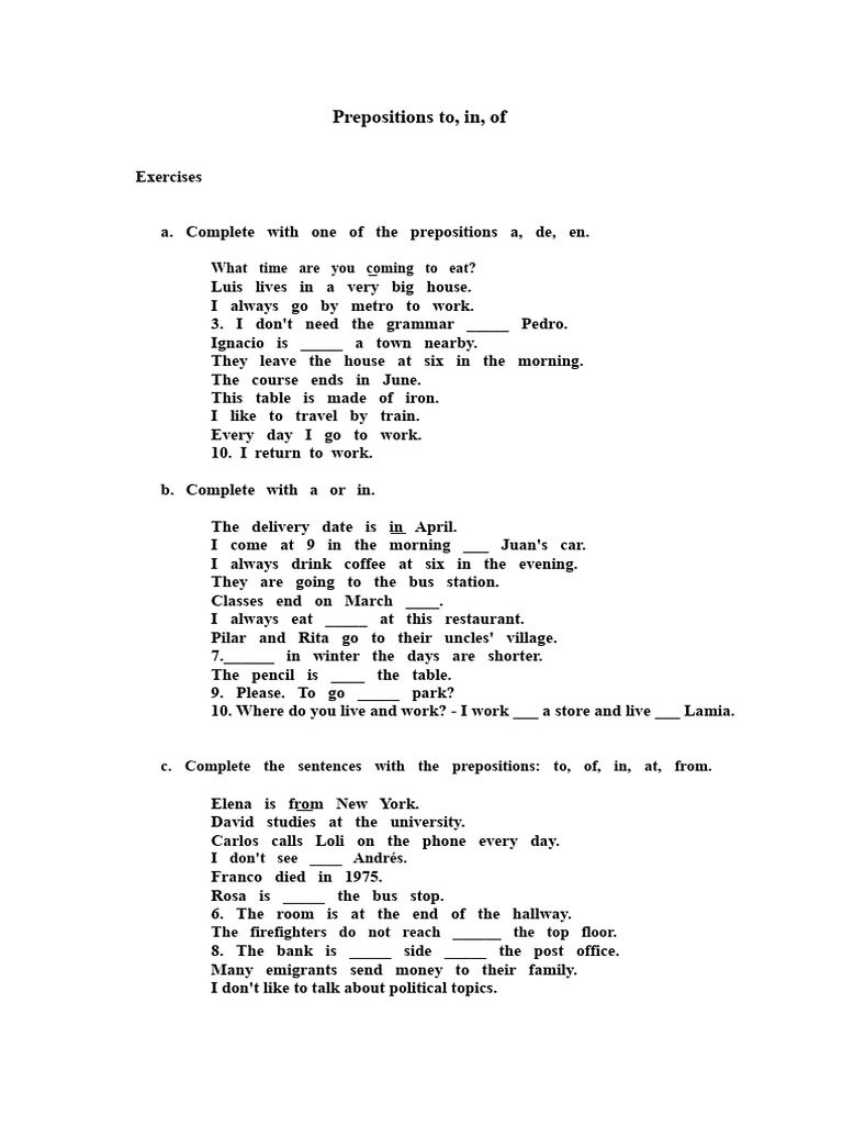Exercises With The Prepositions To, In, of | PDF